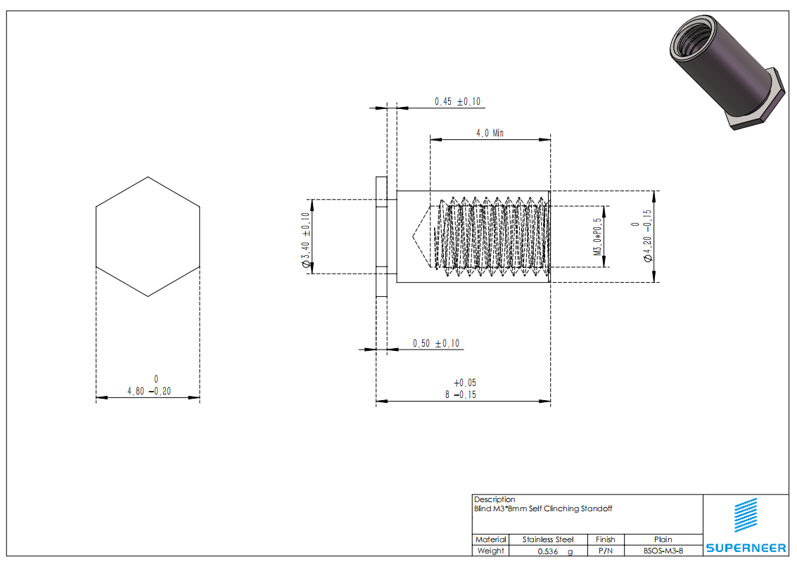 Blind M3 x 8mm Self Clinching Standoff